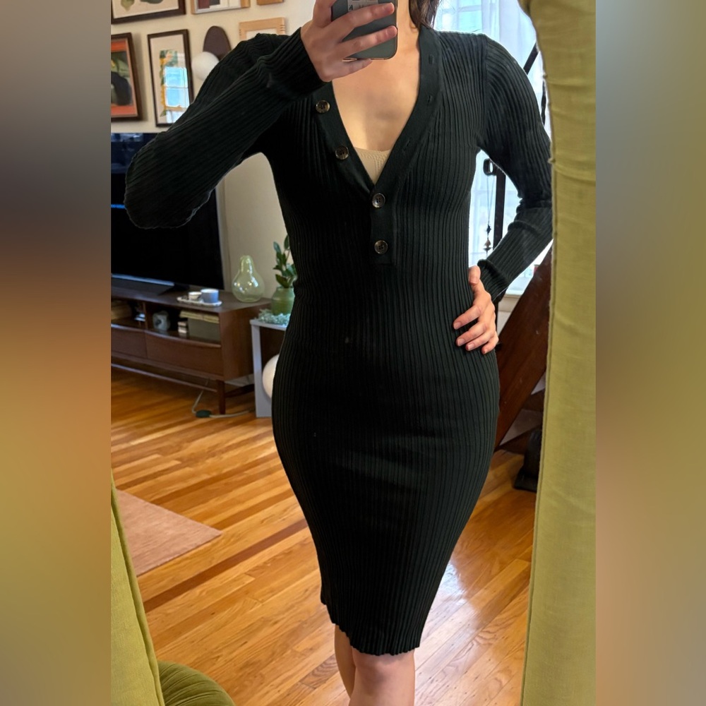 Forever 21 Dark Green Ribbed Long Sleeve Dress